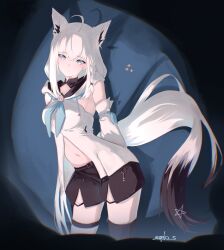  1girl absurdres animal_ear_fluff animal_ears black_shorts black_thighhighs blue_eyes breasts fox_ears fox_girl hair_between_eyes hair_ornament highres hololive hood hoodie medium_breasts navel shirakami_fubuki shirakami_fubuki_(1st_costume) shorts solo thigh-highs white_hair white_hoodie zeroes_illust 