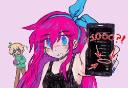  1boy 1girl ? ?? alternate_costume arrow_(symbol) aubrey_(faraway)_(omori) aubrey_(omori) bad_id bad_twitter_id basil_(faraway)_(omori) basil_(omori) blonde_hair blue_eyes blue_hairband blue_nails blush brown_pants cellphone collarbone collared_shirt commentary double-parted_bangs english_commentary green_sweater grey_background hair_between_eyes hairband holding holding_party_popper long_hair long_sidelocks long_sleeves looking_at_another looking_at_viewer meme milestone_celebration omori open_mouth pants parted_lips party_popper phone pink_hair red_arrow_and_circle_(meme) red_circle shirt shirt_under_sweater sidelocks simple_background smartphone sweat sweater white_shirt yuilu_(yuiluqqq) 