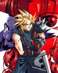  1997 1girl 2boys aerith_gainsborough armor bad_link barret_wallace beard blonde_hair blue_eyes brown_gloves buster_sword character_background close-up cloud_strife commentary contrasting_colors facial_hair final_fantasy final_fantasy_vii gauntlets gloves harness holding holding_weapon leather leather_gloves looking_at_viewer male_focus maya_anderson multiple_boys muscular muscular_arms pauldrons people purple_facepaint red_facepaint scar serious shirt shoulder_armor shoulder_strap single_pauldron sleeveless sleeveless_shirt spiky_hair standing_on_sword turtleneck turtleneck_shirt weapon white_background 