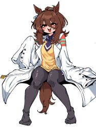 1girl agnes_tachyon_(tach-nology)_(umamusume) agnes_tachyon_(umamusume) ahoge animal_ears black_necktie black_pantyhose blush brown_hair coat commentary earrings english_commentary hair_between_eyes horse_ears horse_girl horse_tail jewelry lab_coat long_sleeves necktie open_mouth pantyhose red_eyes shirt short_necktie single_earring sitting sleeves_past_fingers sleeves_past_wrists smile solo sweater sweater_vest tail teeth umamusume upper_teeth_only white_coat wolf_cut yellow_sweater yellow_sweater_vest yodaka_(yodaka1227) 
