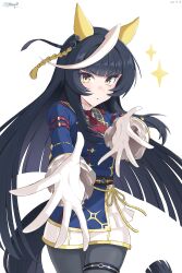  1girl absurdres ahoge animal_ears ascot black_hair blue_jacket blunt_bangs blush calstone_light_o_(one_true_path)_(umamusume) calstone_light_o_(umamusume) commentary_request ear_covers gloves grey_pantyhose highres hime_cut hitempo horse_ears horse_girl horse_tail jacket long_hair long_sleeves looking_at_viewer multicolored_hair pantyhose parted_lips red_ascot shorts solo streaked_hair tail umamusume white_gloves white_hair white_shorts white_streaks yellow_eyes 