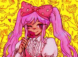  1girl bad_id bad_twitter_id blush bow closed_mouth commentary dress english_commentary flower hair_bow holding holding_flower long_hair long_sidelocks looking_at_viewer omori pink_bow pink_dress pink_eyes pink_hair polka_dot polka_dot_bow puffy_short_sleeves puffy_sleeves red_flower red_rose rose short_sleeves sidelocks smile solo sweetheart_(omori) twintails upper_body yuilu_(yuiluqqq) 