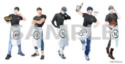  5boys adjusting_eyewear apron black_hair black_shirt black_shoes black_undershirt blue_hair blue_pants border0715 bowl brown_shoes clenched_hand clipboard commentary company_name copyright_name crossed_arms food full_body glasses green_hair grey_hair grin headband hitotsubashi_ayato holding holding_bowl holding_clipboard joe_rikiichi leos_vincent long_sleeves looking_at_viewer maimoto_keisuke male_focus mameneko_(leos_vincent) multicolored_hair multiple_boys nijisanji noodle_strainer noodles official_alternate_costume official_art open_mouth pants pink_hair pointing pointing_at_self ramen sample_watermark shirt shoes short_hair short_sleeves simple_background smile standing strainer striped_clothes striped_pants virtual_youtuber watermark white_apron white_background white_pants yashiro_kizuku 