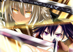  1boy 1girl absurdres ayasato_karen black_hair brown_gloves commentary_request covered_mouth eiyuu_densetsu gloves hair_flaps hajimari_no_kiseki half_updo highres holding holding_sword holding_weapon long_hair no_pupils ootachi rean_schwarzer shizuna_rem_misurugi short_hair sidelocks sword tachi_(weapon) tsurime v-shaped_eyebrows violet_eyes weapon white_hair yellow_aura yellow_eyes 