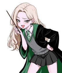  1girl absurdres black_nails black_robe black_skirt blonde_hair commentary english_commentary genderswap genderswap_(mtf) grey_eyes grey_sweater_vest hand_on_own_hip harry_potter_(series) highres hogwarts_school_uniform holding holding_wand long_hair malfoid nyatako robe school_uniform skirt solo sweater_vest wand white_background wizarding_world 