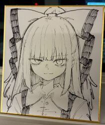  1girl absurdres bow closed_mouth collared_shirt commentary_request fujiwara_no_mokou hair_bow highres hisha_(kan_moko) long_hair looking_at_viewer photo_(medium) shikishi shirt smile solo suspenders touhou traditional_media upper_body 