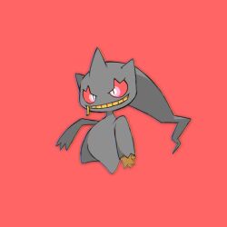  banette chromatic_aberration colored_sclera full_body grin hama_sou no_humans pokemon pokemon_(creature) red_background red_sclera simple_background smile solo zipper 