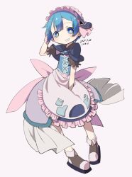  1boy apron blue_corset blue_eyes blue_hair blush capelet commentary_request corset crossdressing crossdressing_(mtf) dress hand_on_own_head looking_at_viewer made_in_abyss maid maid_headdress male_focus maruruk shimatora short_hair short_sleeves smile solo trap white_background 