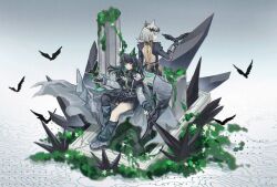  2girls absurdres animal animal_ears arknights back-to-back backless_dress backless_outfit bird bird_on_hand black_bird black_dress black_gloves black_hair black_leg_warmers black_thighhighs cat_ears cat_girl chinese_commentary closed_mouth colored_inner_hair column commentary_request dress elevation_contour_lines empty_picture_frame flower full_body gloves green_eyes grey_hair grey_shoes highres kal'tsit_(arknights) leg_warmers long_hair long_sleeves mon3tr_(arknights) multicolored_hair multiple_girls picture_frame pillar plant qianxiaxiale shoes short_hair single_thighhigh sitting thigh-highs white_flower 