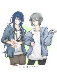  2girls absurdres black_pants blue_eyes blue_hair blue_jacket bright_pupils brown_shorts closed_mouth cosplay costume_switch cowboy_shot cropped_legs dated drawstring green_background green_eyes grey_hair hair_between_eyes hand_up highres hinomori_shiho hood hood_down hoodie hoshino_ichika_(project_sekai) jacket long_hair long_sleeves multiple_girls off_shoulder open_clothes open_jacket pants project_sekai rotysill shirt short_hair shorts sidelocks simple_background sleeves_past_wrists smile two-tone_background very_long_hair white_background white_hoodie white_pupils white_shirt 