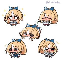  0725akaba 1girl :< :3 :d blue_bow blunt_ends bow chibi chibi_only closed_eyes closed_mouth commentary_request dark-skinned_female dark_skin dress elf full_body hair_bow highres hololive leaf long_hair multicolored_hair multiple_views open_mouth pleading_eyes pointy_ears ponytail red_eyes shiranui_flare simple_background smile sparkle standing streaked_hair twitter_username v-shaped_eyebrows virtual_youtuber white_background white_dress white_streaks 