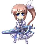  armor blue_eyes blush boots brown_hair chibi dress hair_ribbon kuro-ekaki long_hair lyrical_nanoha mahou_senki_lyrical_nanoha_force mahou_shoujo_lyrical_nanoha ribbon side_ponytail strike_cannon takamachi_nanoha white_dress 