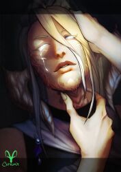  1boy artist_logo artist_name au_ra bishounen caproka commentary commission crying dragon_horns english_commentary eyes_visible_through_hair final_fantasy final_fantasy_xiv glowing glowing_eyes glowing_tears hair_between_eyes hand_on_own_head horns letterboxed lips logo looking_at_viewer male_focus parted_lips portrait solo streaming_tears tears warrior_of_light_(ff14) watermark white_eyes white_horns white_scales 