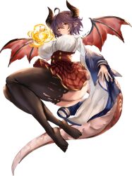  1girl black_thighhighs breasts brown_hair commentary_request dragon_girl dragon_horns dragon_tail dragon_wings fire grea_(shingeki_no_bahamut) highres horns kliop large_breasts miniskirt red_eyes shingeki_no_bahamut short_hair simple_background skirt tail thigh-highs twitter_username wings 