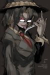  brown_hair dark formal glasses glowing glowing_eyes hands hat knife knife_licking licking multicolored_hair necktie opaque_glasses original oso_(toolate) personification red_eyes reverse_grip russula_subnigricans_hongo short_hair solo suit sword tongue weapon 
