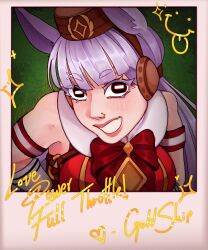  1girl animal_ears armband blunt_bangs blush bow breasts brown_hat dokithorn dress ear_bow gloves gold_ship_(red_strife)_(umamusume) gold_ship_(umamusume) grey_hair hat highres horse_ears horse_girl large_breasts long_hair looking_at_viewer open_mouth pillbox_hat red_bow red_dress sleeveless sleeveless_dress smile solo striped_armband striped_clothes umamusume violet_eyes white_gloves 