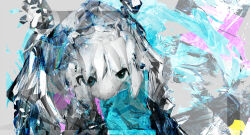  1girl 3d abstract abstract_background closed_mouth commentary_request expressionless hatsune_miku highres hilty looking_at_viewer mixed_media solo vocaloid 