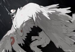  2others artist_name brown_jacket creature creature_focus dragon extra_mouth feathers flying highres holding holding_weapon jacket multiple_others original red_eyes sitting sitting_on_creature sunash weapon white_feathers white_fur 