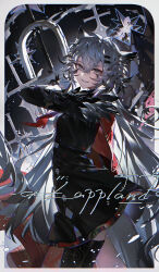  1girl absurdres animal_ears arknights artist_name black_gloves black_jacket black_skirt black_thighhighs cape character_name commentary cowboy_shot crossed_bangs from_side gloves grey_eyes grey_hair grey_tail grin hair_between_eyes hair_ornament hairclip highres holding jacket kirstin_(lan_yuxiu) lappland_(arknights) lappland_the_decadenza_(arknights) light_particles long_hair long_sleeves looking_at_viewer multiple_hairclips parallel_hairclips red_cape scar scar_across_eye scar_on_face skirt smile solo standing sword tail thigh-highs weapon wolf_ears wolf_girl wolf_tail 