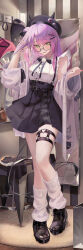  1girl :d absurdres beret black_bow black_bowtie black_hat black_ribbon black_shoes black_skirt bow bowtie cardigan collared_shirt commentary cowboy_shot cross cross-laced_clothes cross-laced_sleeves cross_earrings demon_tail ear_piercing earrings frilled_shirt frilled_sleeves frills full_body glasses gradient_hair green_eyes grey_cardigan hair_bun hair_ornament hair_ribbon hairclip hand_up hat heart heart_o-ring high-waist_skirt highres hololive horned_hat jewelry jirai_kei long_hair looking_at_viewer miniskirt multicolored_hair o-ring o-ring_thigh_strap off_shoulder official_alternate_costume official_alternate_hairstyle open_mouth parallel_hairclips piercing pink_hair pleated_skirt pointy_ears pom_pom_brooch purple_hair ribbon shirt shoes short_sleeves side_up_bun single_side_bun skirt smile socks solo spiked_ear_piercing standing suspender_skirt suspenders tail tanishi_(hetianming11093) thigh_strap tokoyami_towa tokoyami_towa_(jirai_kei) virtual_youtuber white_shirt white_socks x_hair_ornament 