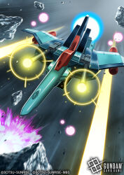  amasaki_yusuke anaheim_electronics asteroid beam_cannon char's_counterattack commentary_request earth_federation explosion explosion_background firing full_body gundam gundam_card_game mecha mobile_armor mobile_suit official_art powering_up re-gz robot shoulder_cannon space sunrise transformation 