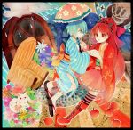  alternate_costume apple blue_eyes blue_hair boots border chair cloud clouds door flower food fruit geta gyoe hand_holding holding_hands japanese_clothes kimono kyubey long_hair mahou_shoujo_madoka_magica miki_sayaka multiple_girls musical_note oktavia_von_seckendorff ponytail rain red_eyes red_hair redhead sakura_kyouko short_hair thigh-highs thighhighs umbreon yukata 