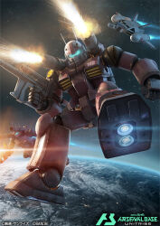 bandai beam_rifle commentary_request core_booster earth_federation energy_gun firing full_body g-fighter gun guncannon gundam gundam_arsenal_base kumagoro1108 mecha mobile_suit mobile_suit_gundam official_art rifle robot shoulder_cannon sniper_rifle space sunrise weapon 