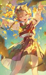  1girl :d autumn autumn_leaves braid collared_shirt crop_top falling_leaves fangs feet_out_of_frame from_below glasses half-closed_eyes high-waist_skirt highres knees leaf long_hair long_sleeves looking_at_viewer multicolored_eyes nazuna_(nazuna_su) orange_skirt original outdoors reaching reaching_towards_viewer round_eyewear school_uniform shirt skirt smile solo teeth upper_teeth_only white_shirt 