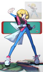  1boy 1girl black_dougi blonde_hair blue_bodysuit blue_eyes blunt_bangs bodysuit breasts brendan_(pokemon) derivative_work dougi greta_(pokemon) hat highres open_mouth pokemon pokemon_emerald pokemon_ruby/sapphire/emerald shakeeeeeeeee shoes short_hair small_breasts smile solo_focus sprite_redraw 