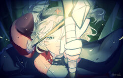  1girl artist_name bamboo bamboo_forest bow_(weapon) commentary_request dark dot_nose forest holding holding_bow_(weapon) holding_weapon looking_at_viewer looking_up nature pointing pointing_up shee_take signature solo touhou weapon yagokoro_eirin 