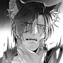  2boys animal_ears artist_request beard_stubble blush character_request check_character commission cuts facial_hair fangs hand_on_another's_face injury leon_s._kennedy looking_at_viewer male_focus motion_lines multiple_boys parted_lips portrait pov pov_hands resident_evil resident_evil_requiem second-party_source sidelighting stubble wolf_boy wolf_ears zeno_(resident_evil) 