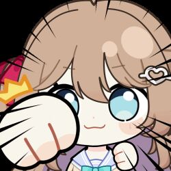  1girl ahoge animated animated_gif aqua_bow aqua_bowtie attacking_viewer blue_eyes blue_sailor_collar blush_stickers bow bowtie brown_hair cardigan chunye_haruya closed_mouth commentary commission disembodied_hand dot_nose english_commentary hair_between_eyes hair_ornament hair_ribbon heart heart_hair_ornament long_hair looking_at_viewer lowres motion_lines neuro-sama neuro-sama_(1st_costume) punching punching_viewer red_ribbon ribbon sailor_collar second-party_source shirt solo speed_lines sticker_(medium) transparent_background two_side_up upper_body vedal_ai virtual_youtuber white_shirt yellow_cardigan 
