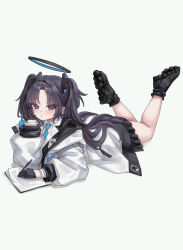 1girl absurdres black_gloves black_shoes black_skirt blue_archive blue_eyes blue_necktie blush commentary_request gloves halo hampo1219 highres holding holding_pen jacket long_hair looking_at_viewer lying necktie on_stomach parted_lips pen pleated_skirt purple_hair shoes skirt solo two_side_up yuuka_(blue_archive) 