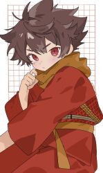  1boy animification brown_hair closed_mouth english_commentary grid_background hand_up highres humanized_skin_color kai_(ninjago) male_focus mcjn_jazzy ninjago orange_scarf pale_skin red_dougi red_eyes scale_print scar scar_on_face scarf short_hair spiky_hair split_mouth 