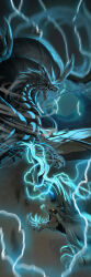  absurdres aerokinesis blue_eyes chin_spike claws commentary_request cz_(anstjrwn2758) dragon duel eastern_dragon electricity electrokinesis gundoraja highres horns incredibly_absurdres kushala_daora large_horns lightning mane monster monster_focus monster_hunter_(series) monster_hunter_wilds monster_hunter_wilds:_ascendance no_humans open_mouth sharp_teeth storm teeth tendril western_dragon white_fur wind wings yellow_eyes 