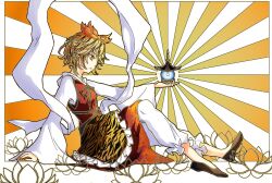  1girl animal_print bishamonten's_pagoda black_hair black_shoes blonde_hair commentary_request dress flower full_body hagoromo hair_ornament highres layered_dress long_sleeves lotus multicolored_hair open_mouth orange_background orange_eyes pants red_dress shawl shee_take shirt shoes short_hair sitting sleeveless sleeveless_dress solo sunburst sunburst_background tiger_print toramaru_shou touhou two-tone_hair white_background white_pants white_shirt wide_sleeves 