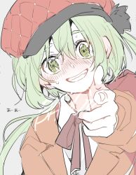  1girl blush commentary_request finger_gun fuji_(f_ukkami) green_eyes green_hair hat highres jacket kumugi_(madan_no_ichi) long_hair long_sleeves looking_at_viewer madan_no_ichi open_mouth pointing pointing_at_viewer ribbon shirt smile solo sweatdrop teeth twintails upper_body witch 