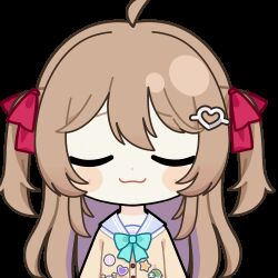  1girl ahoge animated animated_gif aqua_bow aqua_bowtie badge blue_sailor_collar blush_stickers bow bowtie brown_hair button_badge cardigan chibi chibi_only chunye_haruya closed_eyes closed_mouth commentary commission dot_nose english_commentary hair_between_eyes hair_ornament hair_ribbon heart heart_hair_ornament long_hair long_sleeves lowres neuro-sama neuro-sama_(1st_costume) puff_of_air red_ribbon ribbon sailor_collar second-party_source shirt smug solo sticker_(medium) transparent_background two_side_up upper_body vedal_ai virtual_youtuber white_shirt yellow_cardigan 
