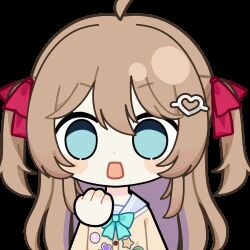  1girl ahoge animated animated_gif aqua_bow aqua_bowtie blue_eyes blue_sailor_collar blush_stickers bow bowtie brown_hair cardigan chibi chibi_only chunye_haruya commentary commission dot_nose english_commentary from_side hair_between_eyes hair_ornament hair_ribbon hand_to_own_mouth hand_up heart heart_hair_ornament long_hair lowres neuro-sama neuro-sama_(1st_costume) red_ribbon ribbon sailor_collar second-party_source shirt solo sticker_(medium) surprised transparent_background two_side_up upper_body vedal_ai virtual_youtuber white_shirt yellow_cardigan 
