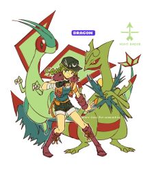  1girl athena_(hades) baseball_cap black_gloves black_hat black_shorts boots braid closed_mouth crossover eriochromatic fingerless_gloves flygon full_body gloves green_hair hades_(series) hades_1 hat highres holding holding_poke_ball long_hair mega_pokemon mega_sceptile poke_ball poke_ball_(basic) pokemon pokemon_(creature) red_boots sceptile shorts twitter_username 