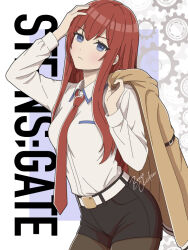  1girl :t arm_up artist_name belt between_breasts black_shorts blue_background blue_eyes border brave_chicken breasts brown_jacket brown_pantyhose clothes_between_breasts collared_shirt commentary_request contrapposto copyright_name cowboy_shot gears hand_on_own_head holding holding_unworn_clothes holding_unworn_jacket jacket long_hair long_sidelocks long_sleeves looking_at_viewer makise_kurisu necktie necktie_between_breasts outside_border pantyhose pantyhose_under_shorts red_hair red_necktie science_adventure shirt shirt_tucked_in short_shorts shorts sidelocks signature simple_background small_breasts solo standing star_(symbol) steins;gate unworn_jacket very_long_hair white_belt white_border 