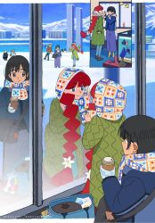  1other 3boys 4girls adjusting_another's_clothes akizuki_leo akizuki_luca bag black_eyes black_hair blue_eyes boots bow bowtie braid building candy coat commentary_request cup fish fish_tank flower food full_body gloves grace_(sayonara_lara) hair_flower hair_ornament hair_tie highres holding holding_cup indoors jacket kota_(sayonara_lara) lara_(sayonara_lara) lisa_(sayonara_lara) long_hair long_sleeves looking_at_another matching_accessory mountain multiple_boys multiple_girls multiple_views official_art ootsu_mari ootsu_yoshiya outdoors pants red_hair sayonara_lara scarf short_hair shoulder_bag siamese_fighting_fish single_braid smile snow socks standing tiptoes window winter_clothes winter_coat 