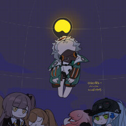  404_(girls'_frontline) 5girls :3 blue_hair brown_hair commentary female_commander_(girls'_frontline) flying g11_(girls'_frontline) girls'_frontline_2:_exilium girls_frontline glowing hat highres hk416_(girls'_frontline) klukai_(girls'_frontline_2) lenna_(girls'_frontline_2) leva_(girls'_frontline_2) mechty_(girls'_frontline_2) multiple_girls mush_(fingalphoneix) nose_bubble pink_hair ponytail saliva scar scar_across_eye scar_on_face sleeping twintails ump45_(girls'_frontline) ump9_(girls'_frontline) untranslatable_commentary white_hair 
