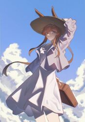 1girl amiya_(arknights) animal_ears arknights arm_behind_back blue_eyes blue_sky brown_hair brown_hat chinese_commentary chromatic_aberration closed_mouth clouds commentary cowboy_shot day de-lease dress ears_through_headwear grey_shirt hand_on_headwear hat highres holding holding_suitcase long_hair long_sidelocks long_sleeves looking_at_viewer outdoors shirt sidelocks sky smile solo split_mouth standing suitcase sun_hat white_dress wind 