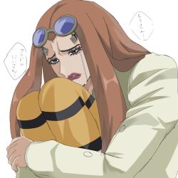  1boy brown_hair commentary crying crying_with_eyes_open eyelashes goggles goggles_on_head highres hugging_own_legs jojo_no_kimyou_na_bouken kneeling l._a._boomboom lipstick long_hair long_sleeves makeup male_focus nightingale_024 shirt simple_background solo speech_bubble steel_ball_run streaming_tears striped_leggings tears untranslatable_commentary white_background white_shirt 