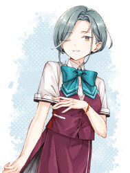  1girl aqua_bow aqua_bowtie bow bowtie collared_shirt commentary_request dress grey_hair kantai_collection looking_at_viewer miroku_san-ju mole mole_on_neck one_eye_closed purple_dress shirt short_hair short_sleeves smile solo swept_bangs tamanami_(kancolle) tamanami_kai_ni_(kancolle) white_shirt yellow_eyes 