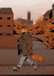  1boy absurdres apartment autumn autumn_leaves baseball_cap bridge brown_coat brown_theme building church closed_eyes coat denim drawstring green_hoodie grey_hat hands_in_pockets hat highres hood hoodie jeans leaf male_focus mashtateos original pants red_panda_boy red_panda_tail river shoes sidewalk smile sneakers tail tree walking window 