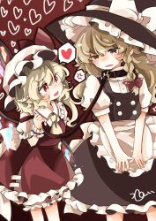  2girls anger_vein animal_collar apron ascot back_bow black_hat black_skirt black_vest blonde_hair blush bow braid collar collared_shirt commentary_request eye_contact flandre_scarlet frilled_shirt_collar frilled_skirt frills hair_bow hat hat_bow hat_ribbon heart height_difference highres holding holding_leash kirisame_marisa leash long_hair looking_at_another mob_cap multiple_girls one_side_up open_mouth red_bow red_eyes red_skirt red_vest ribbon shirt side_braid single_braid skirt smile spoken_anger_vein spoken_heart sweat touhou tsumurikoto vest waist_apron white_apron white_bow white_hat white_shirt wings witch_hat yellow_ascot yellow_eyes yuri 