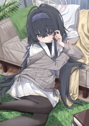  1girl absurdres bags_under_eyes black_hair black_pantyhose blue_archive blush brown_halo cardigan chinese_commentary closed_mouth commentary_request couch crossed_bangs grey_cardigan hair_between_eyes hairband halo highres long_hair long_sleeves neckerchief pantyhose partial_commentary purple_hairband purple_neckerchief sailor_collar school_uniform serafuku solo ui_(blue_archive) undershirt very_long_hair violet_eyes wasabi_koharu white_sailor_collar white_serafuku 