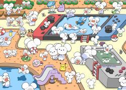  berry_(pokemon) caterpie character_request closed_eyes commentary_request dedenne ditto drill_de_go flower_bush food game_boy game_boy_(original) handheld_game_console highres holding holding_kickboard holding_spoon holding_towel innertube jigglypuff kickboard maushold mudkip nintendo_switch no_humans open_mouth pikachu poke_ball poke_ball_(basic) pokemon pokemon_(creature) pool quaxly rotom rotom_phone rowlet shaved_ice sitrus_berry slide spinda spoon striped_innertube substitute_(pokemon) swim_ring tandemaus thermos towel transformed_ditto tree venonat 